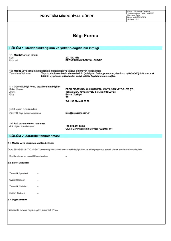 Güvenlik bilgi formu ilk sayfa